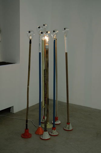 The New Mineral, 2009200W bulb, radiometers, AC dimmer, broom handles, concrete, funnels, plastic, electric converter120 x 70 x 50 cm The New Mineral, 2009<br class=