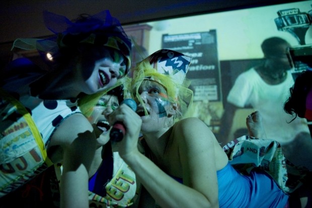 CHICKS ON SPEED, Self Contained Amplification Headware, 2009hat making gauze, workman's helmet, amplifiers, microphones, batteries,screen printed fabric, felt, beads, 35 x 41 x 33 & 35 x 54 x 37 cm CHICKS ON SPEED, Self Contained Amplification Headware, 2009<br class=