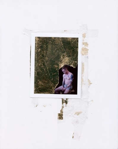 'Assemblage #6' (2014), polaroid, gold leaf, tape on plywood support <br class=