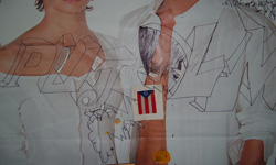 detail (ink, postcard, acrylic on Benetton banner) detail (ink, postcard, acrylic on Benetton banner)