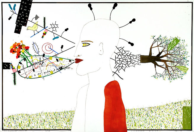 Channeling Nature, 2007<br/>30 1/4 x 44 1/2 (in)<br/>ink and watercolor on paper, collage<br/>
