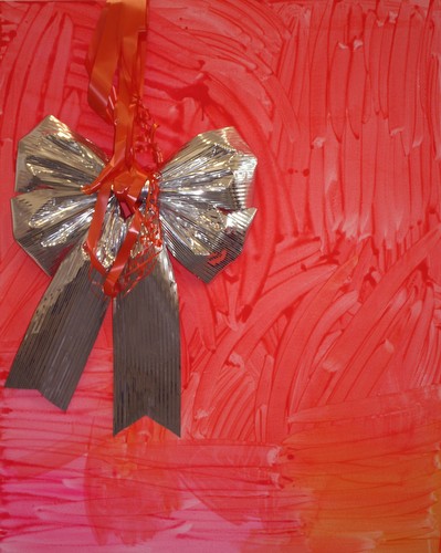 'Crinkled Love', 2010<br/>Bow, ribbon, fabric paint on canvas<br/>125 x 100 cm<br/>