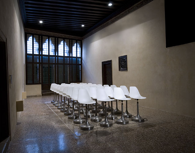 Rafael Lozano-Hemmer, Wavefunction (2007). Interactive installation featuring robotic <br/>chairs controlled by surveillance tracking system. Mexican Pavilion, 52 Biennale di <br/>Venezia. Photo by Antimodular Research. Image � Rafael Lozano-Hemmer<br/>