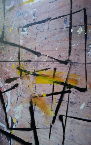 Yellow gate opens<br/>2011<br/>Photograph of studio floor on dibond, spray paint, acrylic paint 152x92cm<br/>